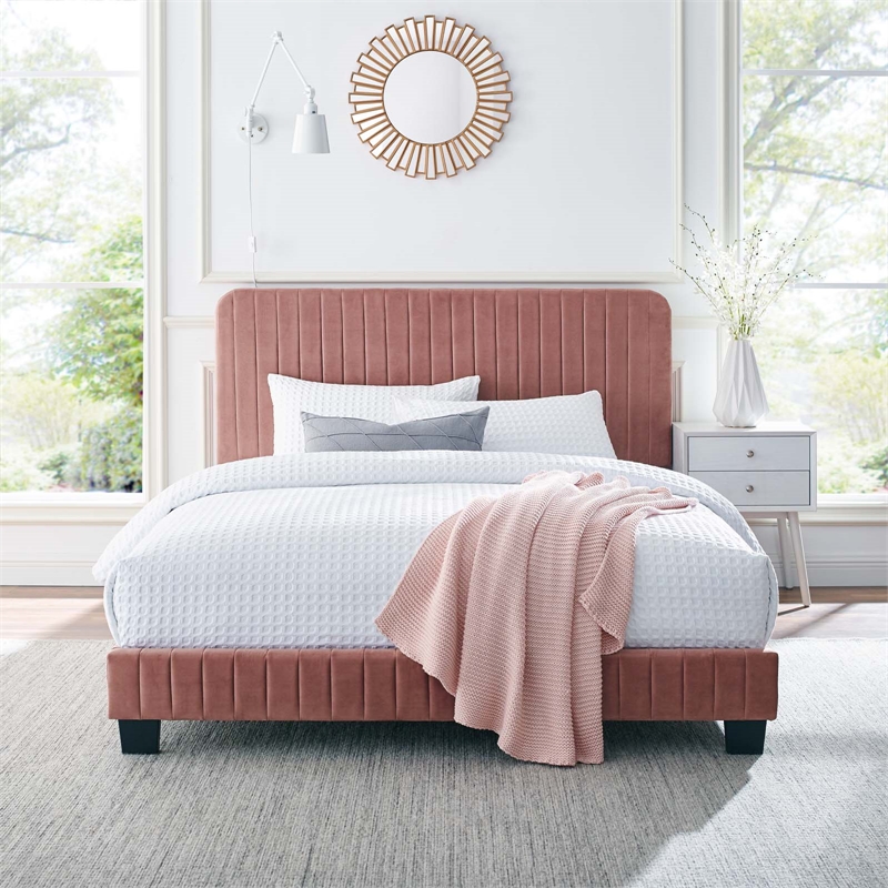 Maklaine Channel Tufted Performance Velvet Full Platform Bed in Dusty Rose