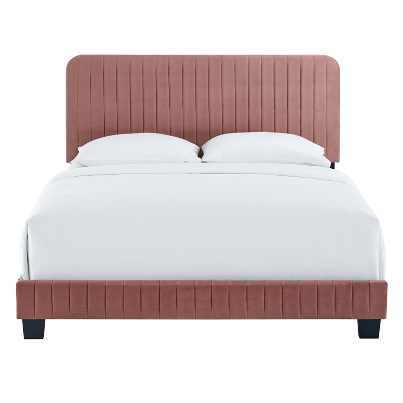 Maklaine Channel Tufted Performance Velvet Full Platform Bed in Dusty Rose
