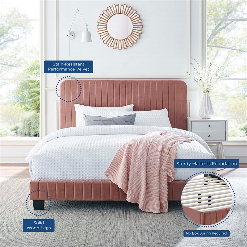 Maklaine Channel Tufted Performance Velvet Full Platform Bed in Dusty Rose