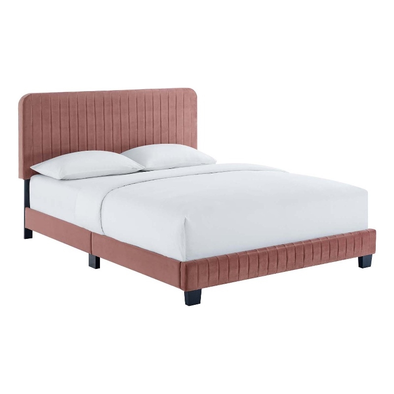 Maklaine Channel Tufted Performance Velvet Full Platform Bed in Dusty Rose