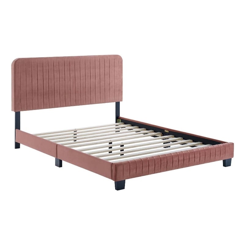 Maklaine Channel Tufted Performance Velvet Full Platform Bed in Dusty Rose
