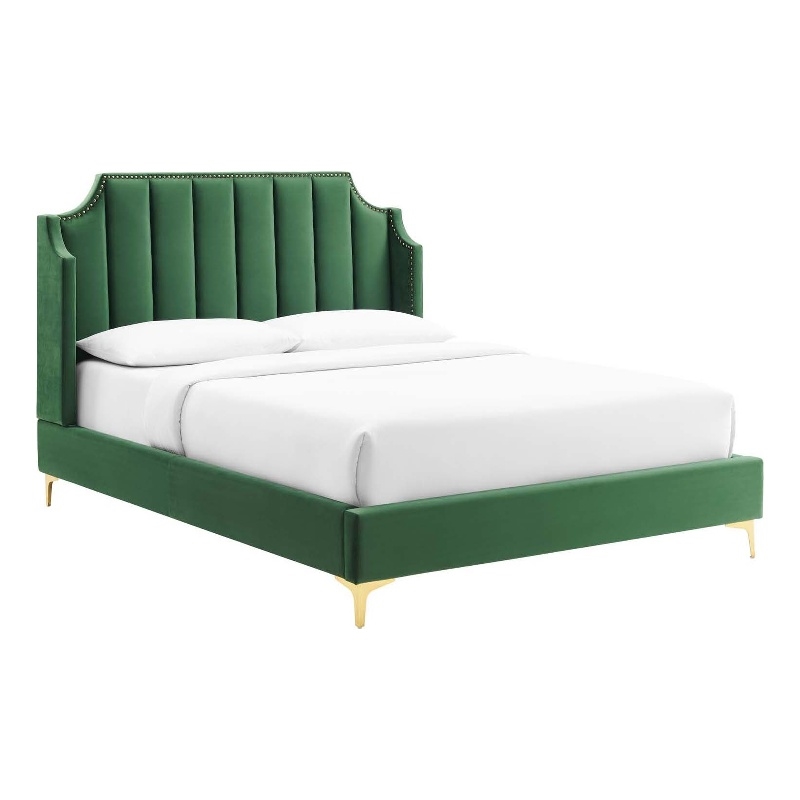 Maklaine Performance Velvet Queen Platform Bed in Emerald Green