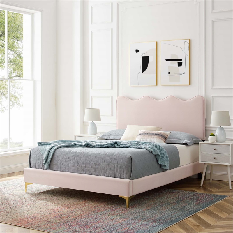 Maklaine Contemporary Performance Velvet Full Platform Bed - Pink