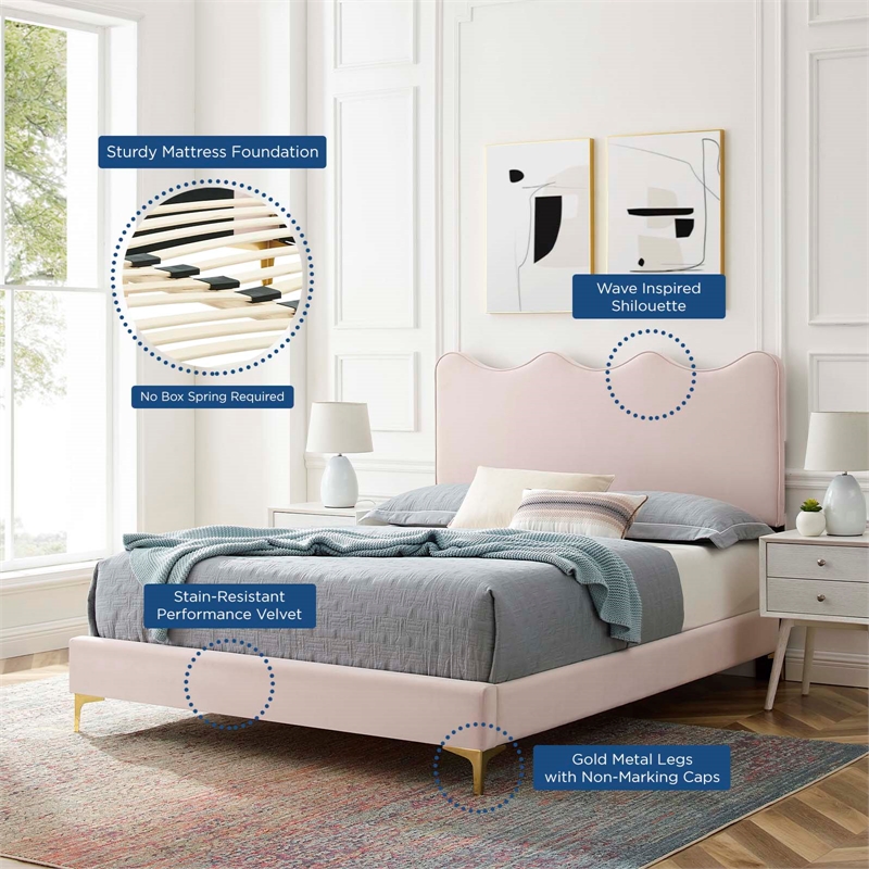 Maklaine Contemporary Performance Velvet Full Platform Bed - Pink