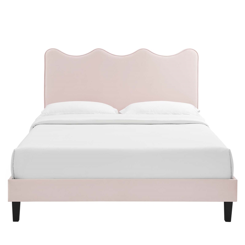 Maklaine Modern Performance Velvet Queen Platform Bed in Pink