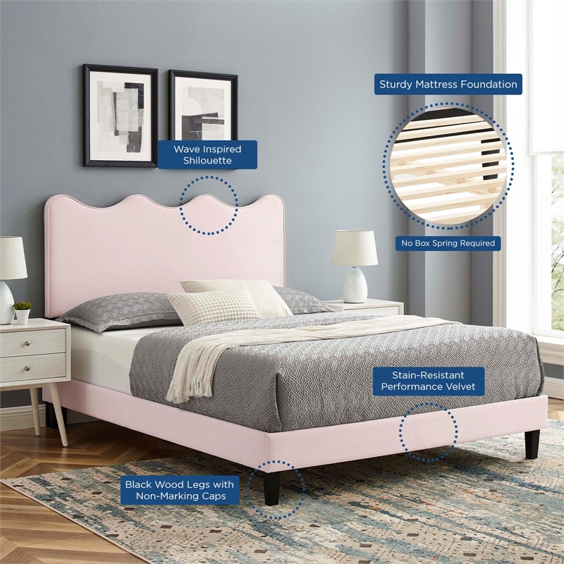 Maklaine Modern Performance Velvet Full Platform Bed in Pink