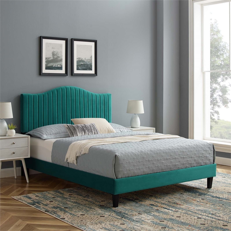 Maklaine Channel Tufted Performance Velvet Full Platform Bed in Teal