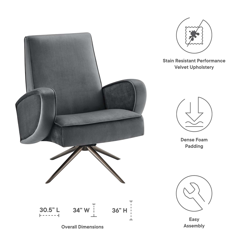 Maklaine Contemporary Performance Velvet Swivel Chair in Gray
