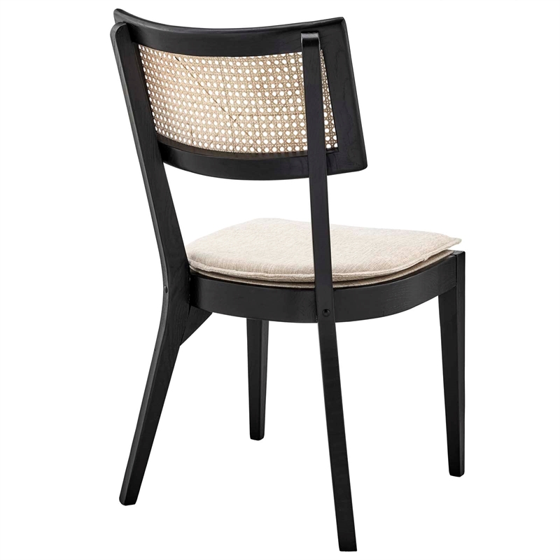 Maklaine Rattan Elm Wood Fabric Dining Chairs in Black/Beige (Set of 2)