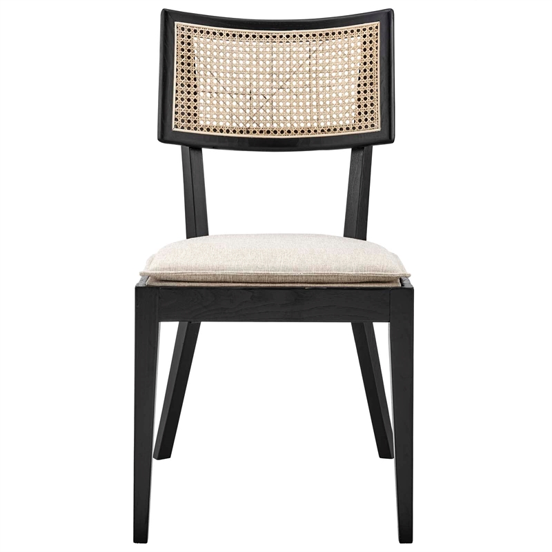 Maklaine Rattan Elm Wood Fabric Dining Chairs in Black/Beige (Set of 2)
