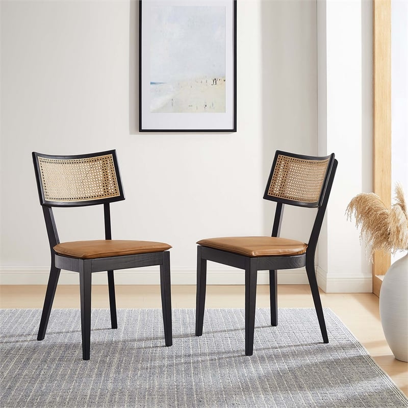 Maklaine Vegan Leather Upholstered Wood Dining ChairsSet of 2 in Black Tan