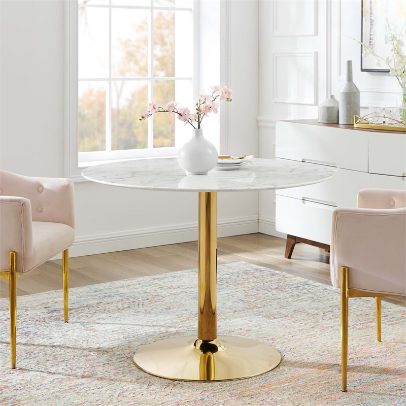 Maklaine Artificial Marble White/Gold Dining Table Circle Scratch-Resistant 40