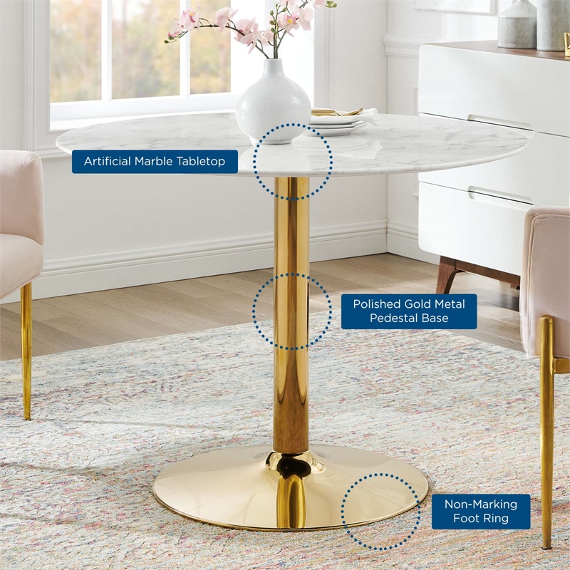 Maklaine Artificial Marble White/Gold Dining Table Circle Scratch-Resistant 40