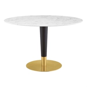 Maklaine 47&quot Round Wood & Artificial Marble Dining Table in White/Gold