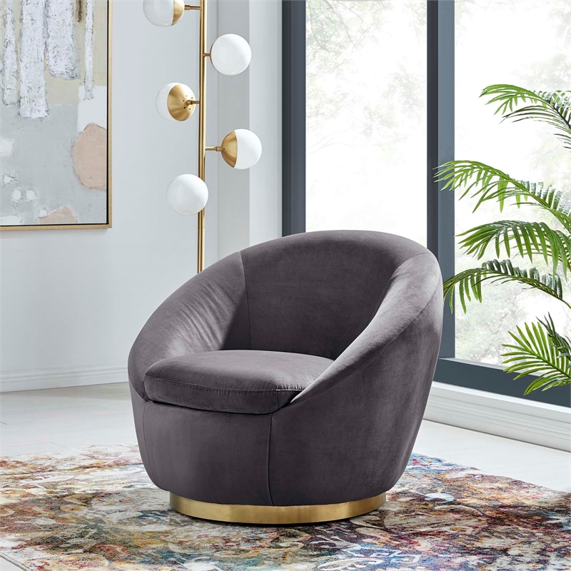 Maklaine Modern Performance Velvet Swivel Chair in Gold/Gray