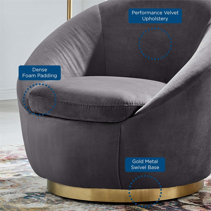 Maklaine Modern Performance Velvet Swivel Chair in Gold/Gray