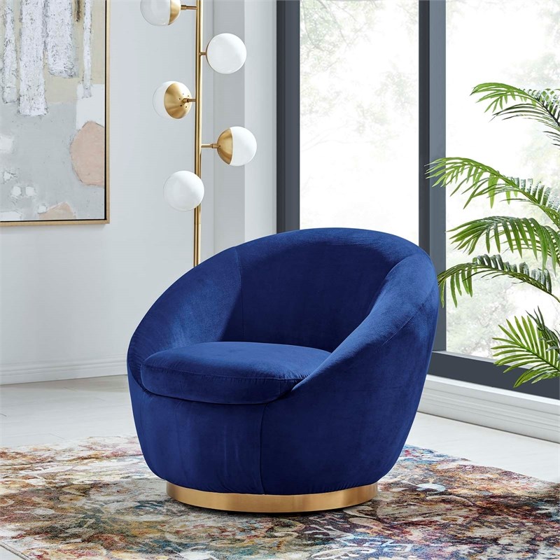 Maklaine Modern Performance Velvet Swivel Chair in Gold/Navy