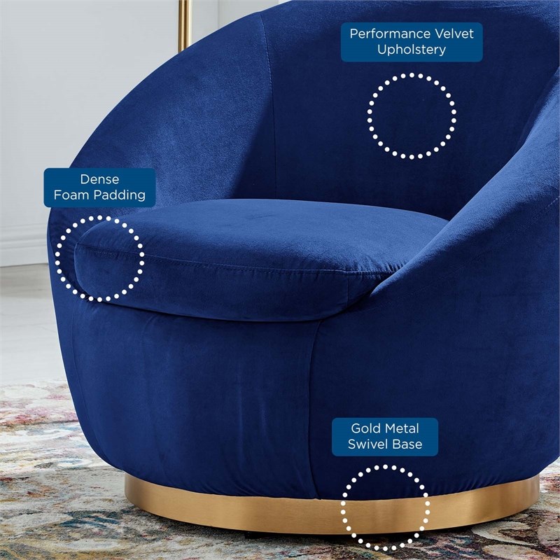 Maklaine Modern Performance Velvet Swivel Chair in Gold/Navy