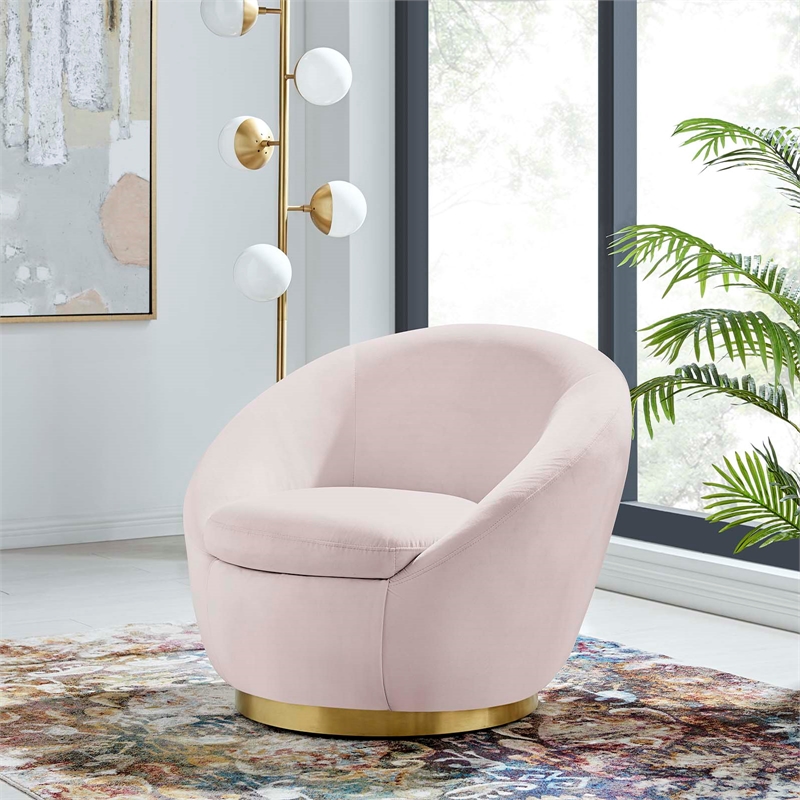 Maklaine Modern Performance Velvet Swivel Chair in Gold/Pink