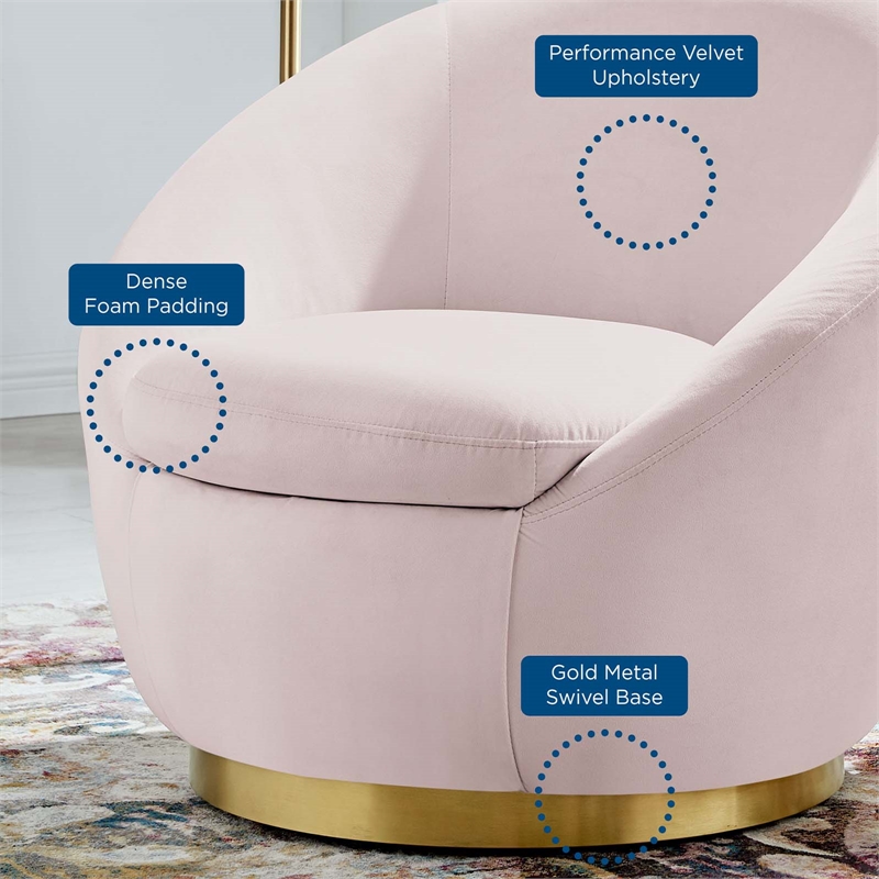 Maklaine Modern Performance Velvet Swivel Chair in Gold/Pink