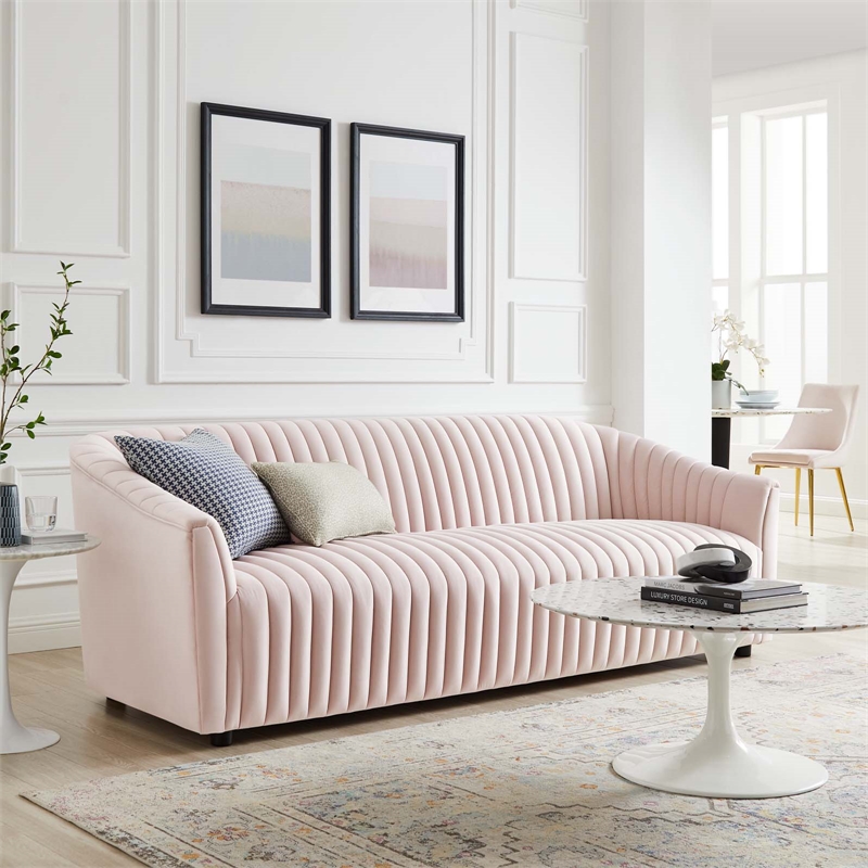Maklaine Modern Performance Velvet Channel Tufted Sofa in Pink