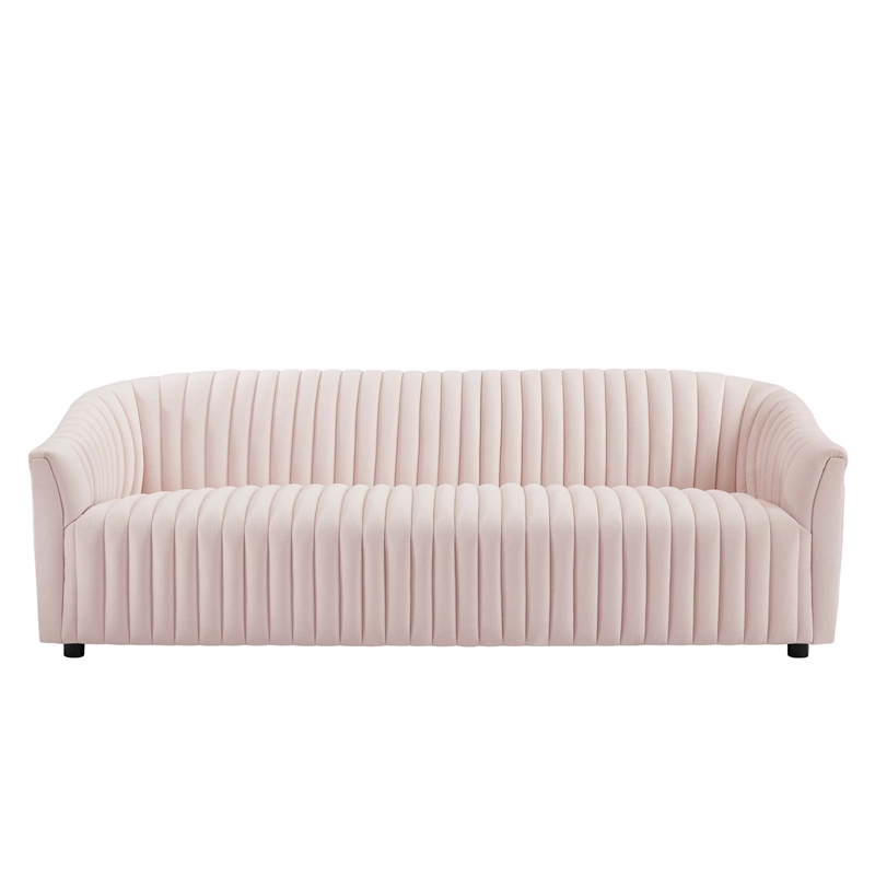 Maklaine Modern Performance Velvet Channel Tufted Sofa in Pink