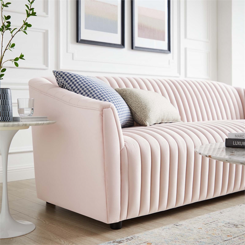 Maklaine Modern Performance Velvet Channel Tufted Sofa in Pink