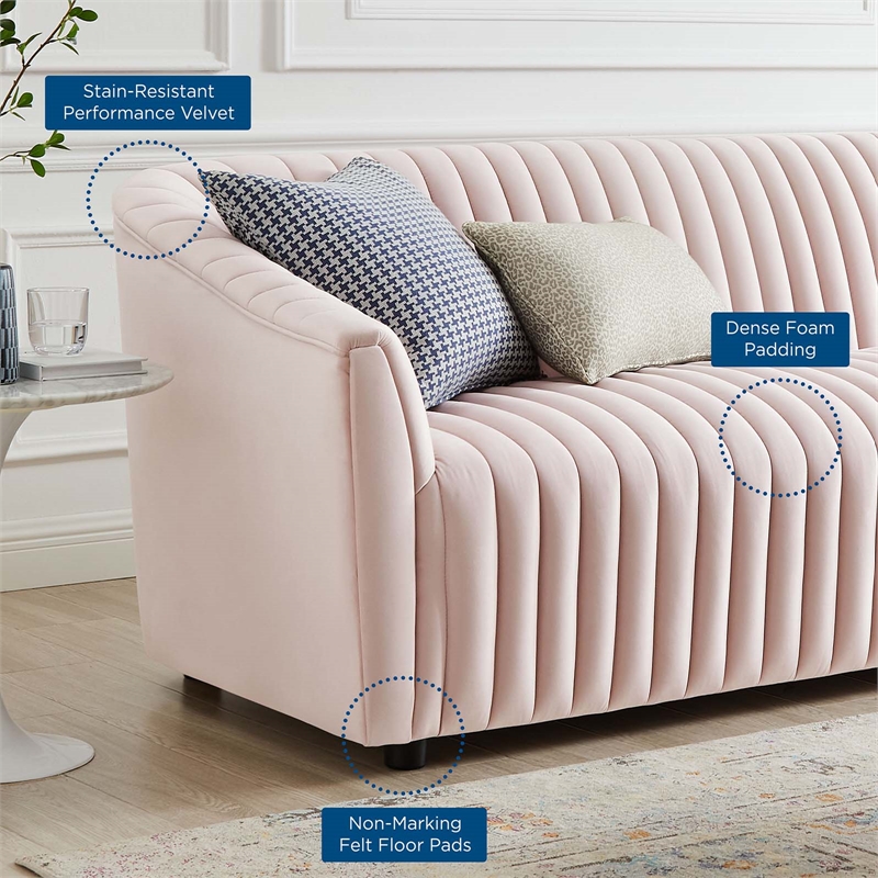 Maklaine Modern Performance Velvet Channel Tufted Sofa in Pink
