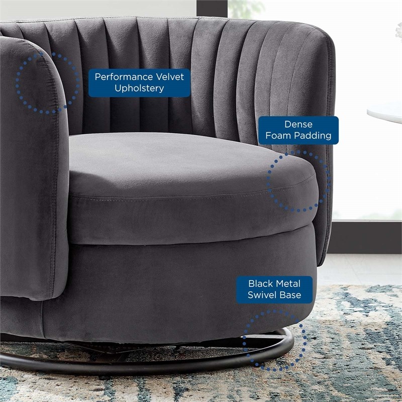 Maklaine Upholstered Velvet Fabric Swivel Chair in Black/Gray