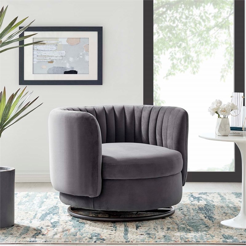 Maklaine Upholstered Velvet Fabric Swivel Chair in Black/Gray