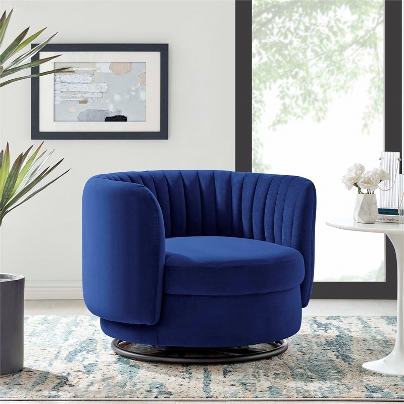 Maklaine Upholstered Velvet Fabric Swivel Chair in Black/Navy