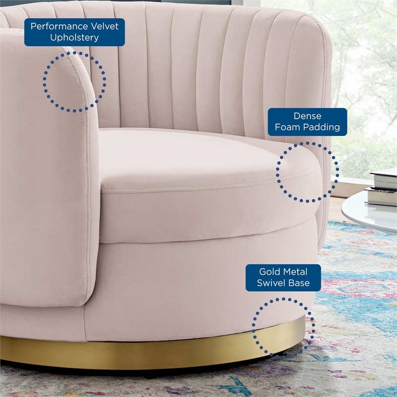Maklaine Tufted Performance Velvet Swivel Chair in Gold/Pink