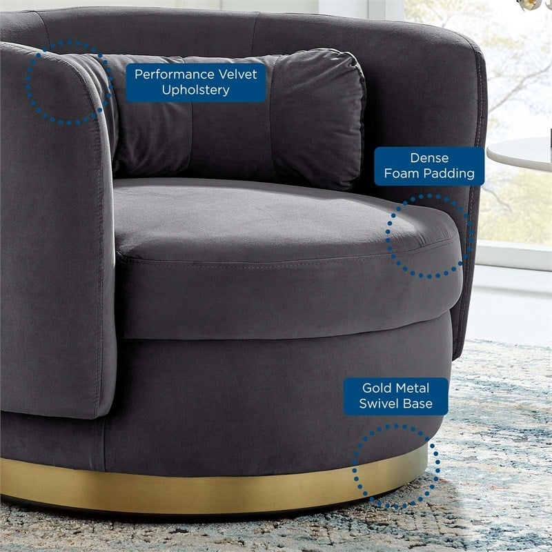 Maklaine Upholstered Performance Velvet Swivel Chair in Gold/Gray