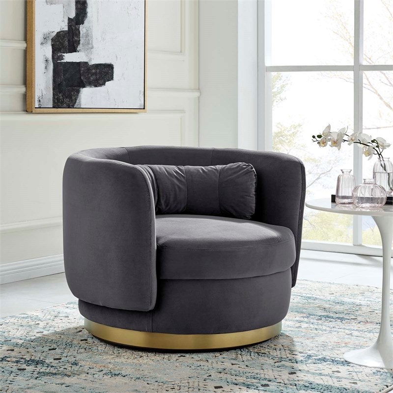 Maklaine Upholstered Performance Velvet Swivel Chair in Gold/Gray