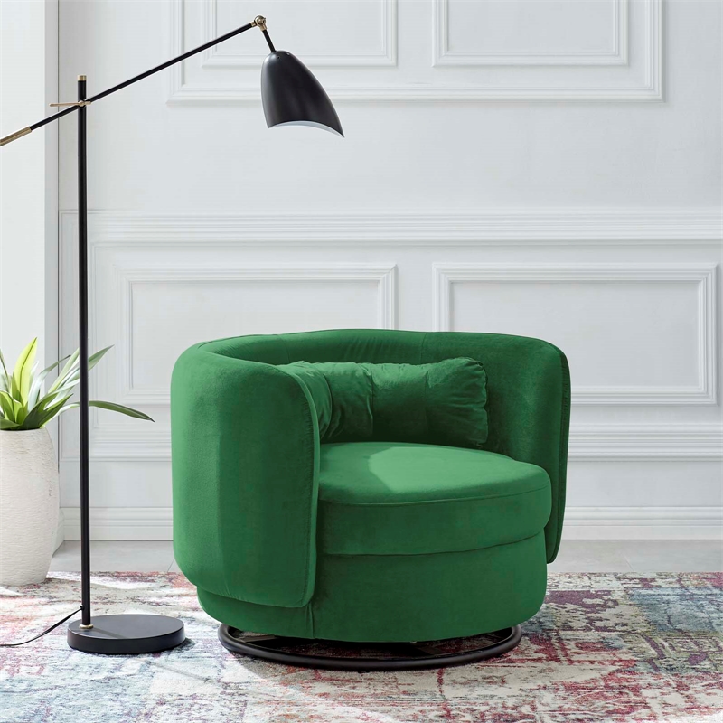 Maklaine Upholstered Velvet Fabric Swivel Chair in Black/Emerald Green