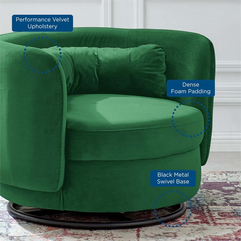 Maklaine Upholstered Velvet Fabric Swivel Chair in Black/Emerald Green