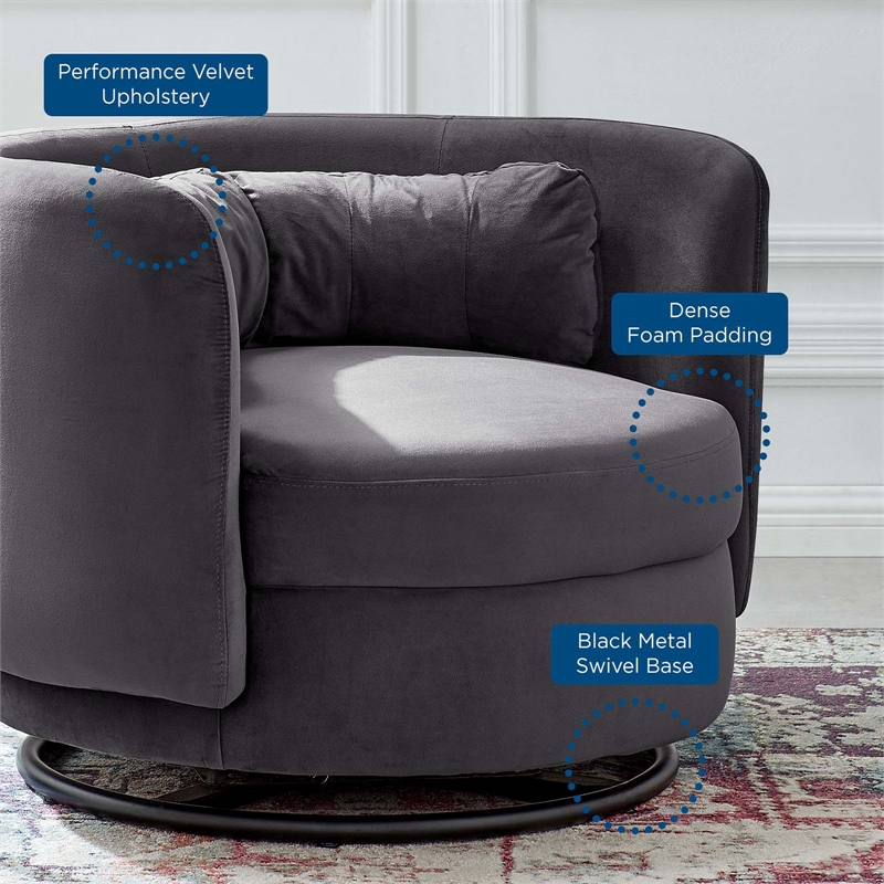 Maklaine Upholstered Performance Velvet Swivel Chair in Black/Gray