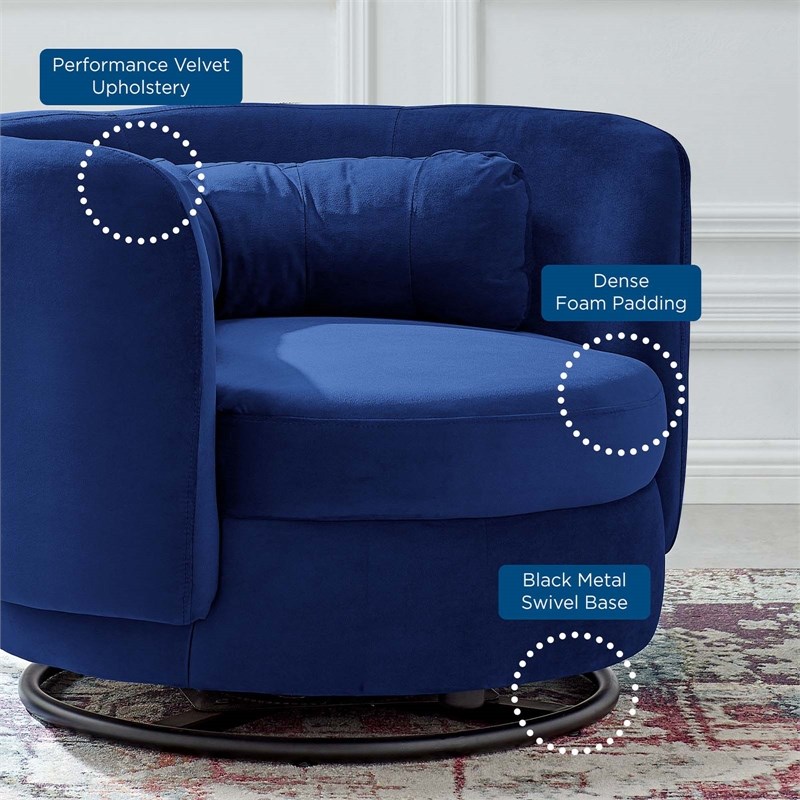 Maklaine Upholstered Performance Velvet Swivel Chair in Black/Navy
