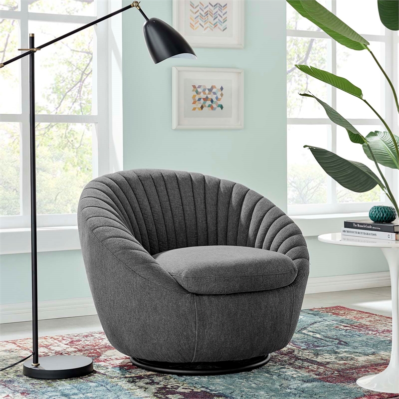 Maklaine Contemporary Upholstered Fabric Swivel Chair in Black Charcoal