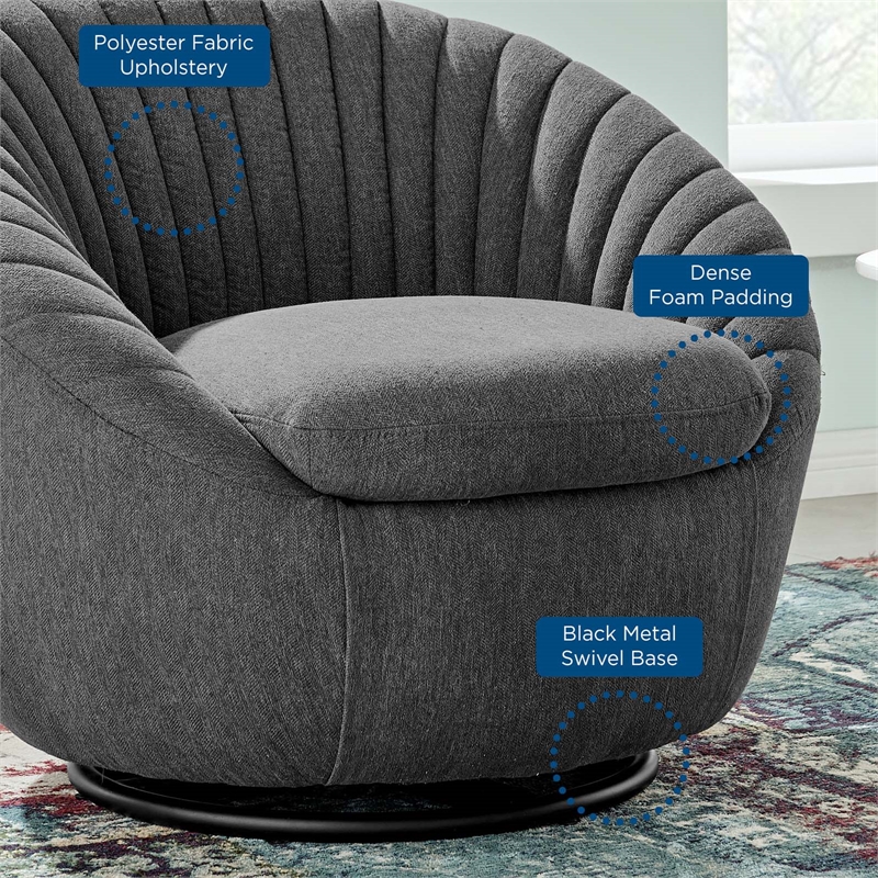 Maklaine Contemporary Upholstered Fabric Swivel Chair in Black Charcoal