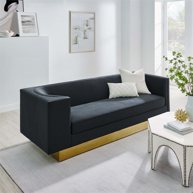 Maklaine Modern Performance Velvet Upholstered Sofa in Black/Gold
