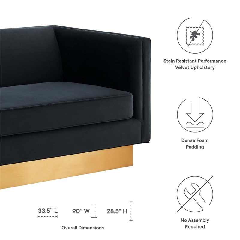 Maklaine Modern Performance Velvet Upholstered Sofa in Black/Gold