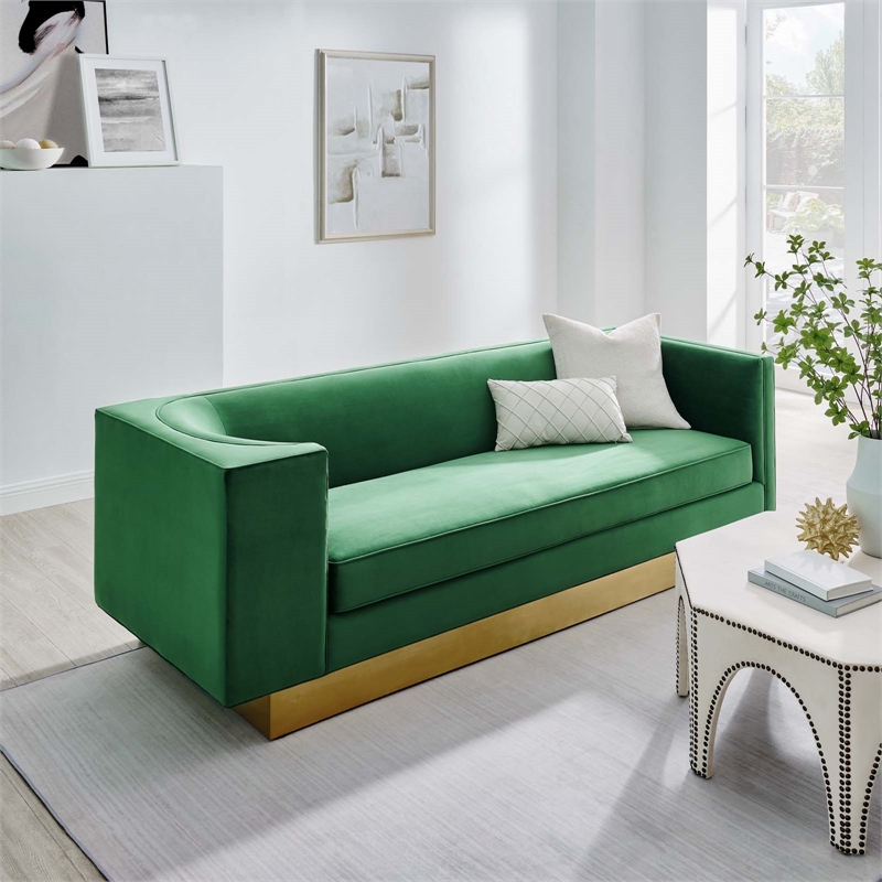 Maklaine Modern Performance Velvet Upholstered Sofa in Green/Gold