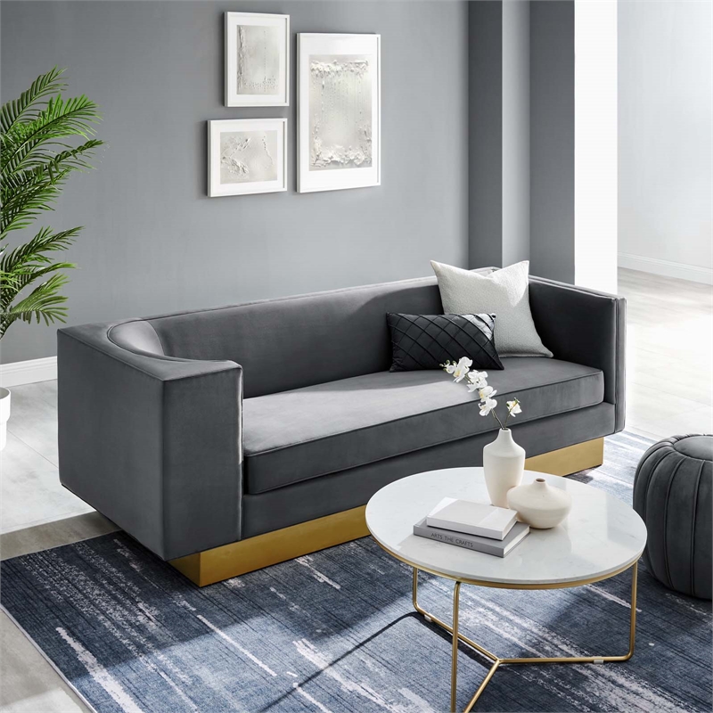 Maklaine Modern Performance Velvet Upholstered Sofa in Gray/Gold