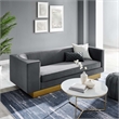 Maklaine Modern Performance Velvet Upholstered Sofa in Gray/Gold