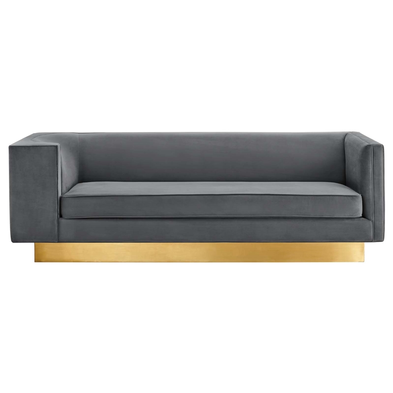 Maklaine Modern Performance Velvet Upholstered Sofa in Gray/Gold