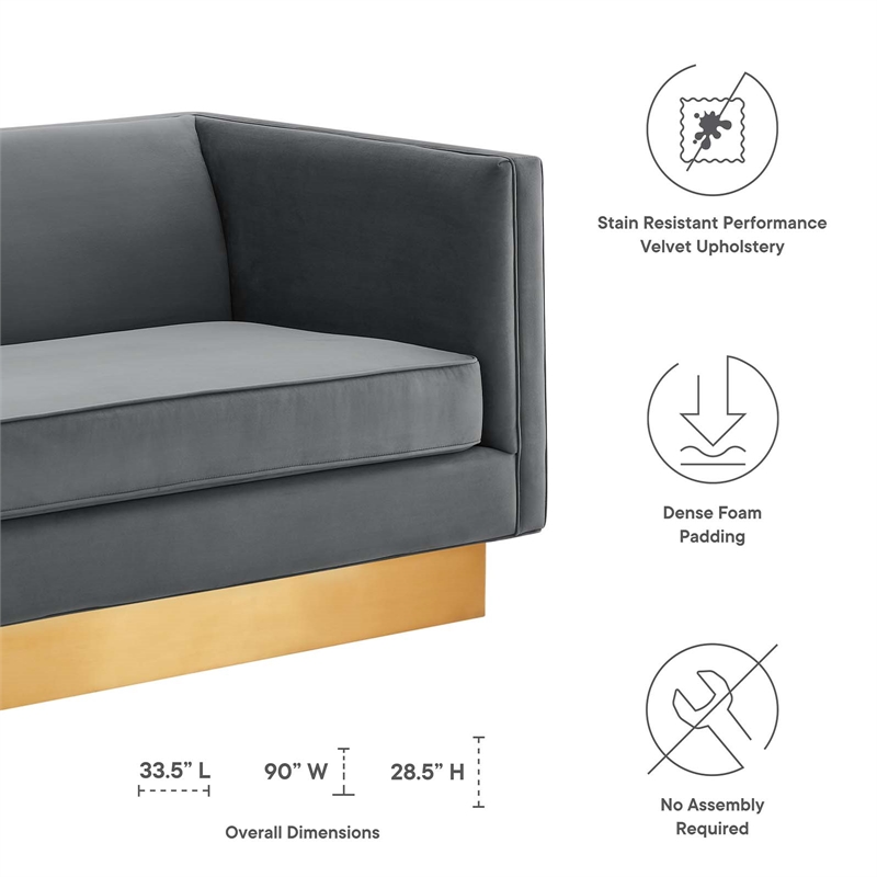 Maklaine Modern Performance Velvet Upholstered Sofa in Gray/Gold