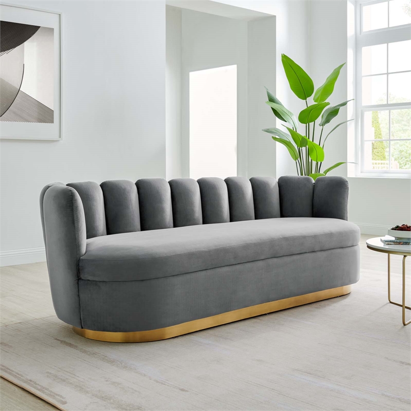 Maklaine Contemporary Tufted Performance Velvet Sofa in Gray/Gold