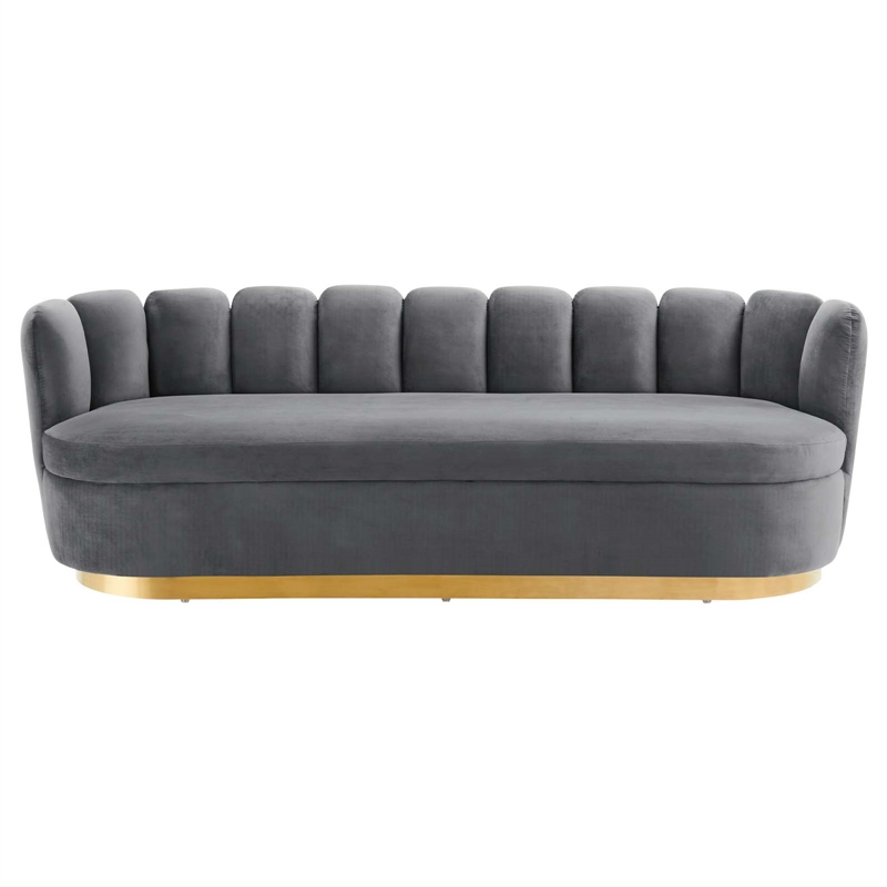 Maklaine Contemporary Tufted Performance Velvet Sofa in Gray/Gold
