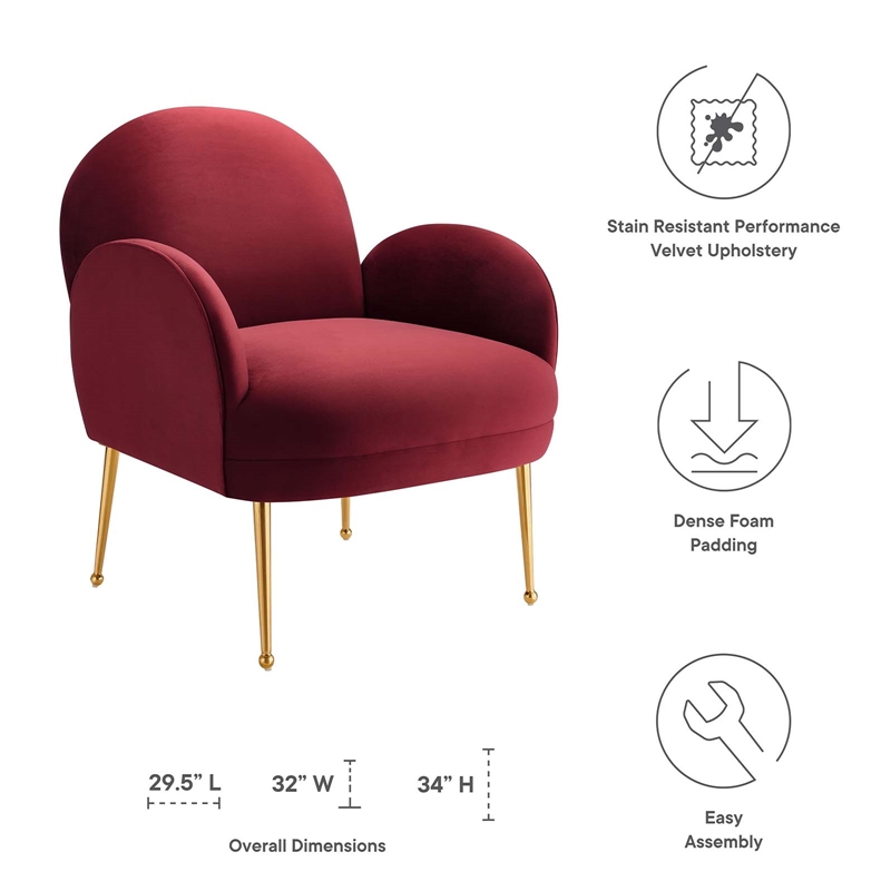 Maklaine Contemporary Performance Velvet Armchair in Maroon Red